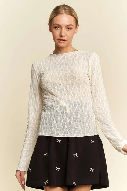 Davi & Dani Long Sleeve Sheer Small Embroidered Bows Lace Top