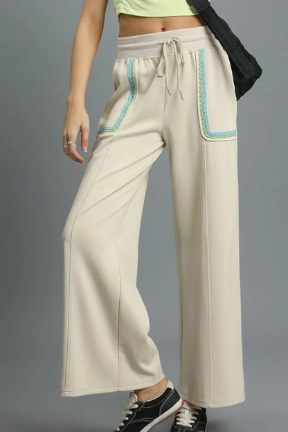 Umgee Drawstring Wide Leg Pants with Scallop Trim Detail