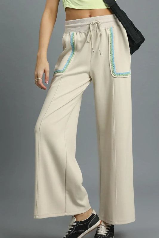 Umgee Drawstring Wide Leg Pants with Scallop Trim Detail