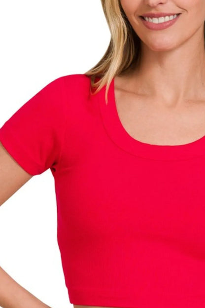 Zenana Ribbed Scoop Neck Crop Short Sleeve Top