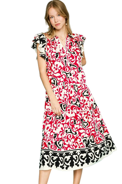 Printed Ruffled Cap Sleeve Midi Dress