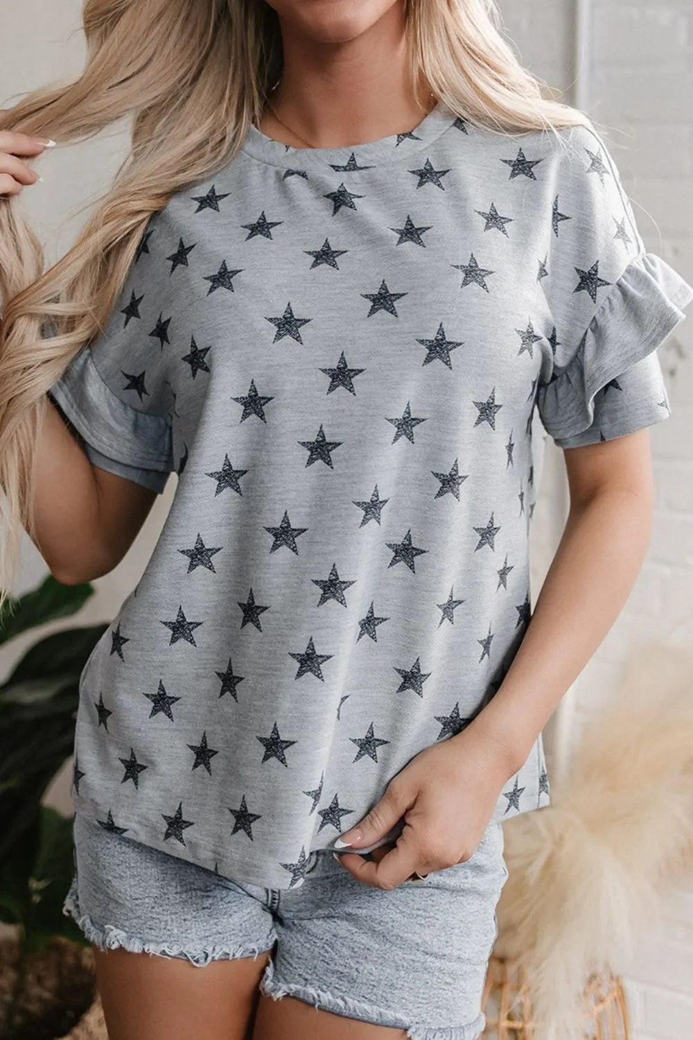 Star Print Tiered Ruffled Sleeve Crew Neck T Shirt