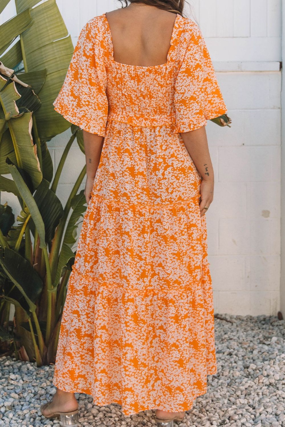 Floral Print Smocked V Neck Wide Sleeve Maxi Dress