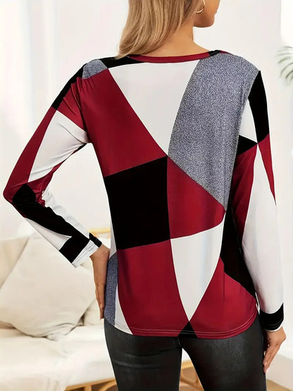 Geo Bold Colorblock Long Sleeve Tee - Red White Charcoal