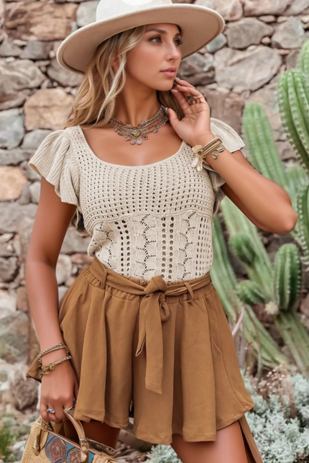 Openwork Ruffled Scoop Neck Knit Top