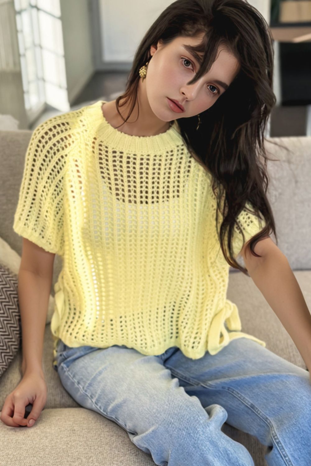 Hollow-out Crochet Side Tied Short Sleeve Knit Cover Up