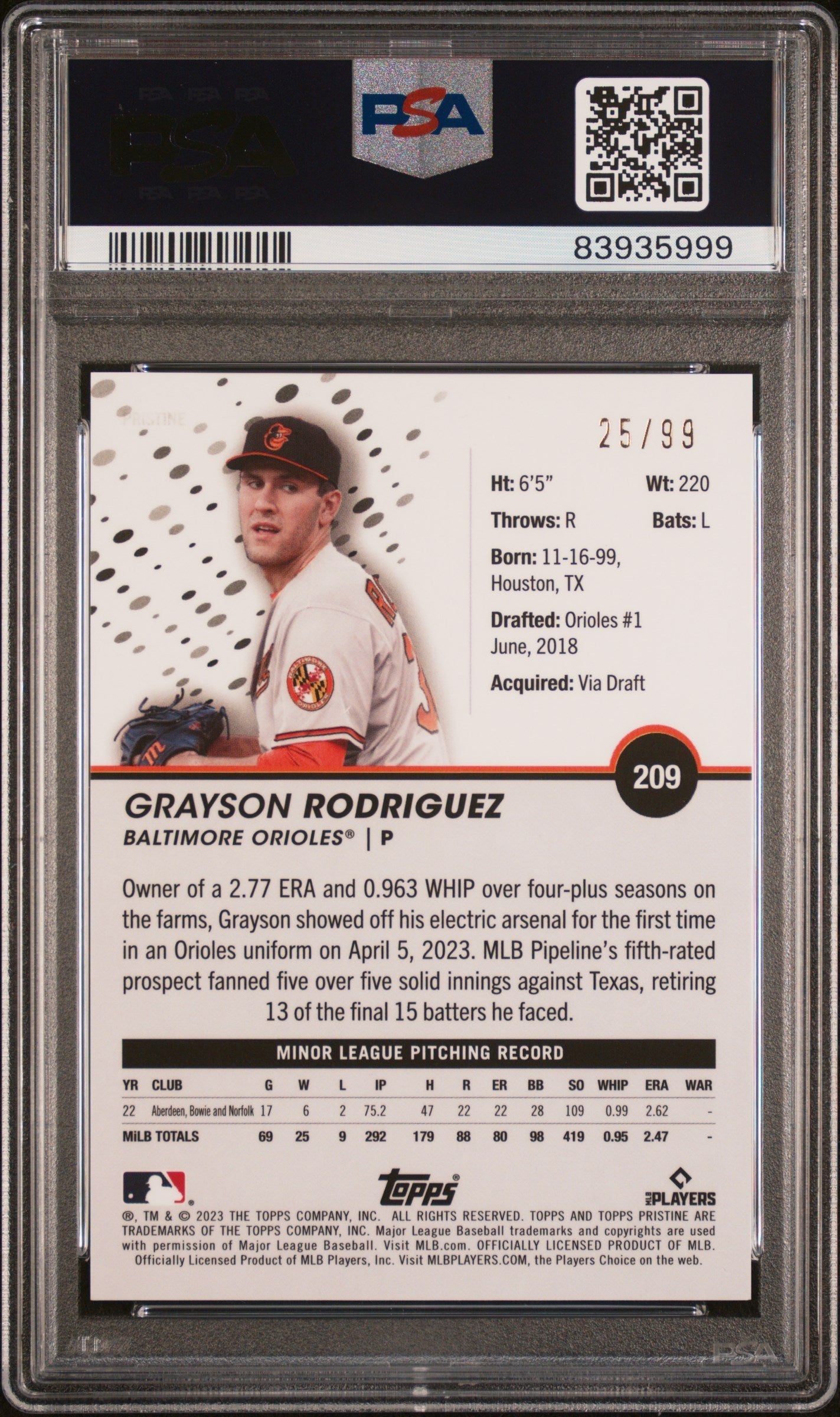 Graded 2023 Topps Pristine Grayson Rodriguez #209 Purple #/99 Rookie RC Baseball Card PSA 10 Gem Mint