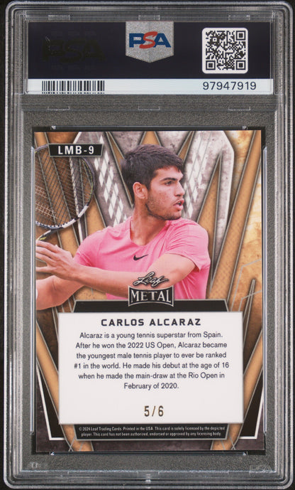 Graded 2024 Leaf NSCC Carlos Alcaraz #LMB9 Metal Pink /6 Tennis Card PSA 10 Gem Mint