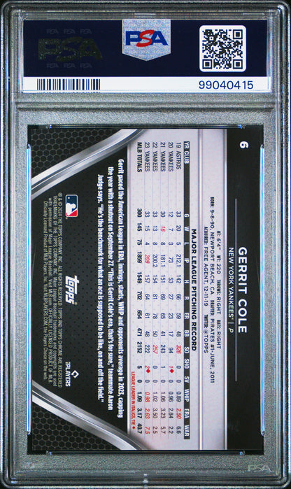 Graded 2024 Topps Chrome Black Gerrit Cole #6 Blue Refractor #/75 Baseball Card PSA 10 Gem Mint