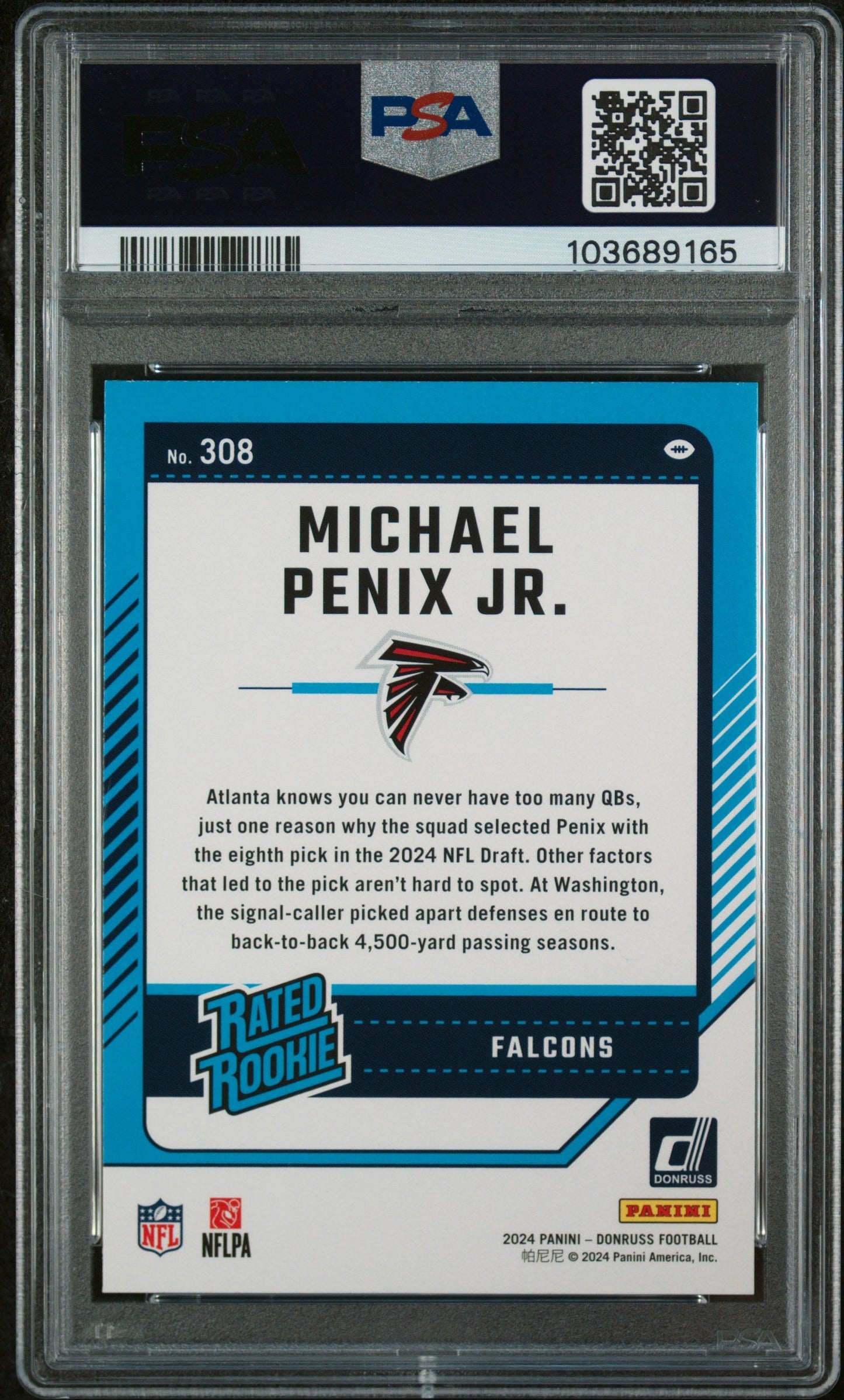 Graded 2024 Panini Donruss Michael Penix Jr #308 Rookie RC Football Card PSA 10 Gem Mint