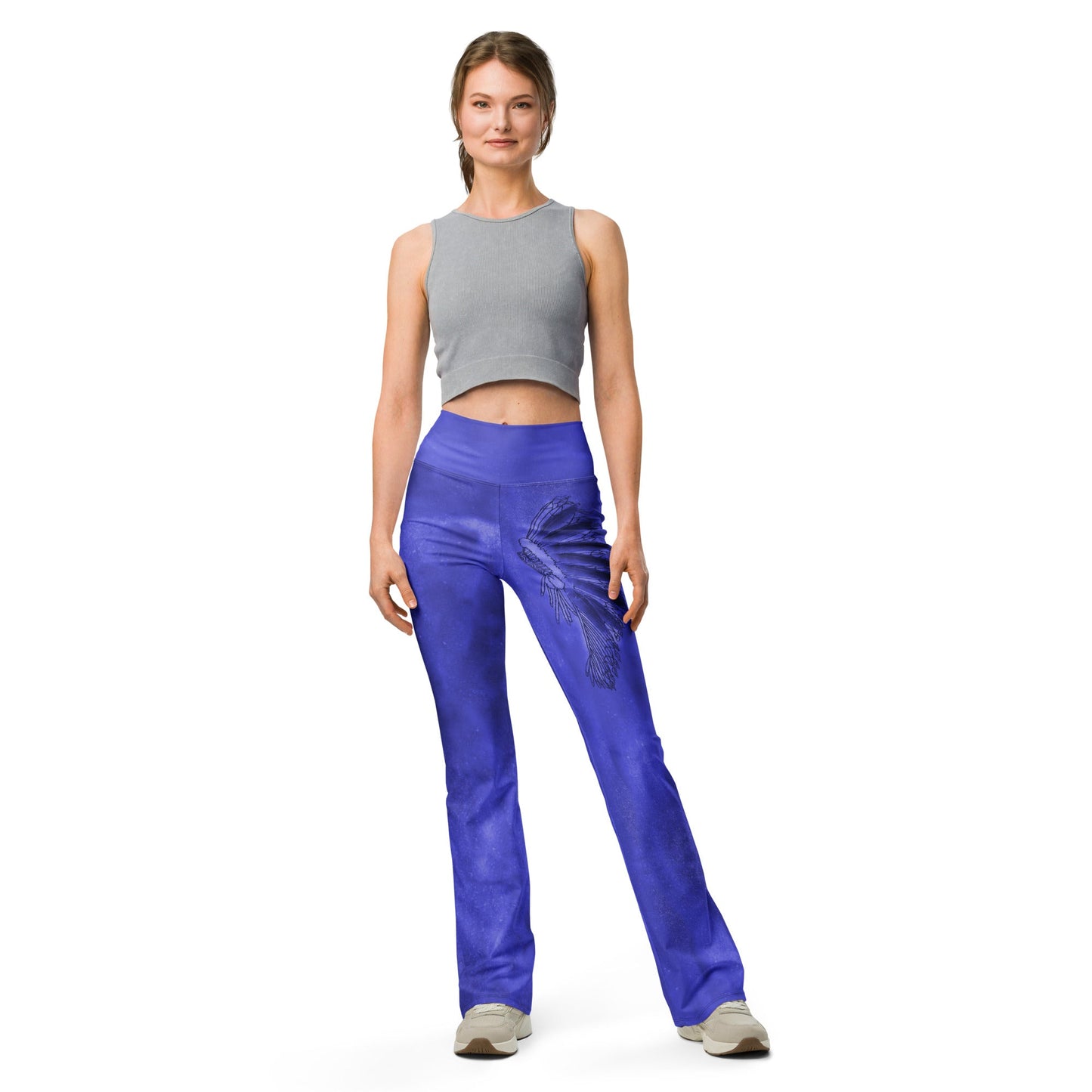 Blue Hazey Breeze Feather High Waist Flare leggings