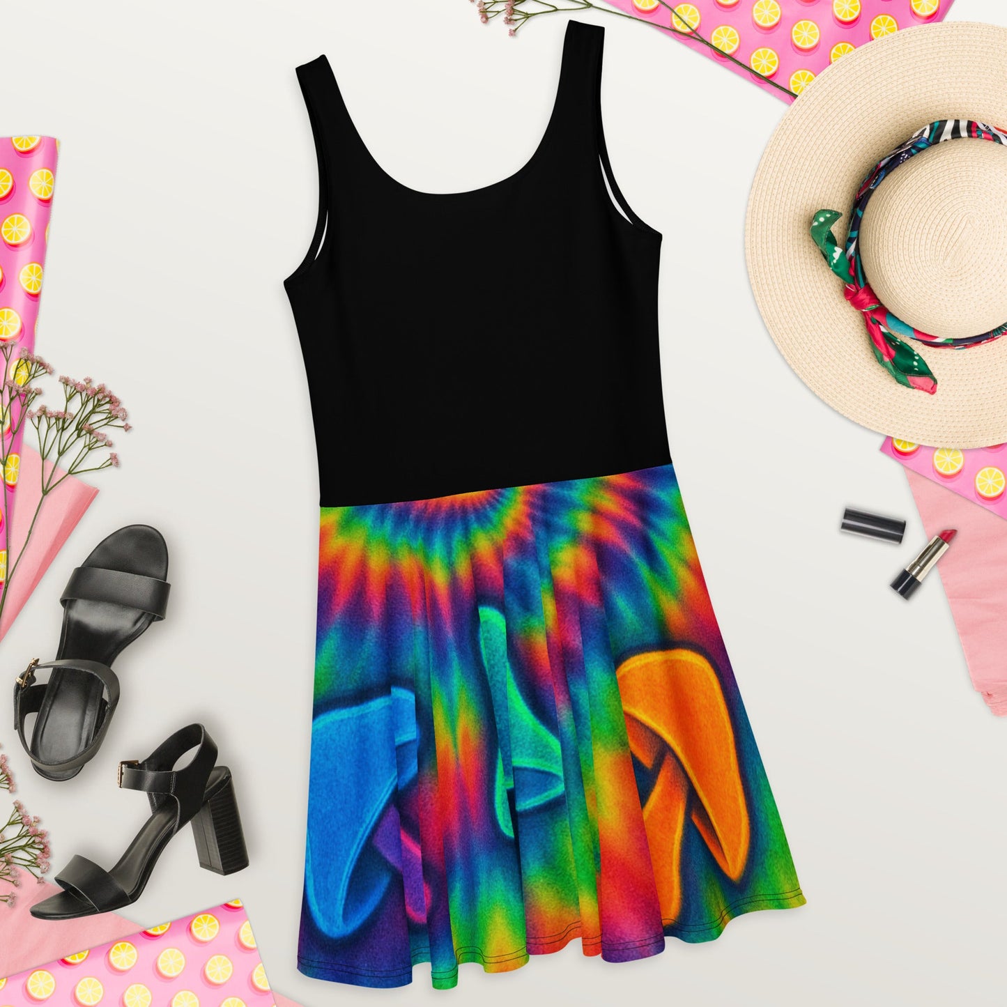 Trippy Tie-Dye Skater Dress – Neon Mushroom Festival Vibes