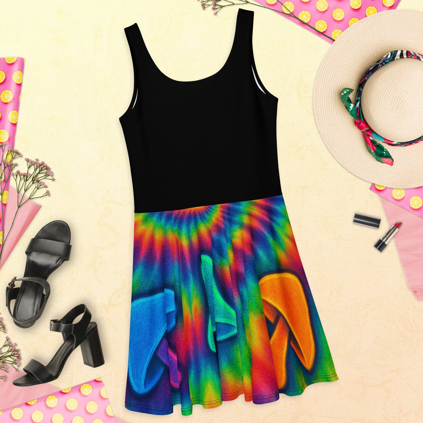 Trippy Tie-Dye Skater Dress – Neon Mushroom Festival Vibes