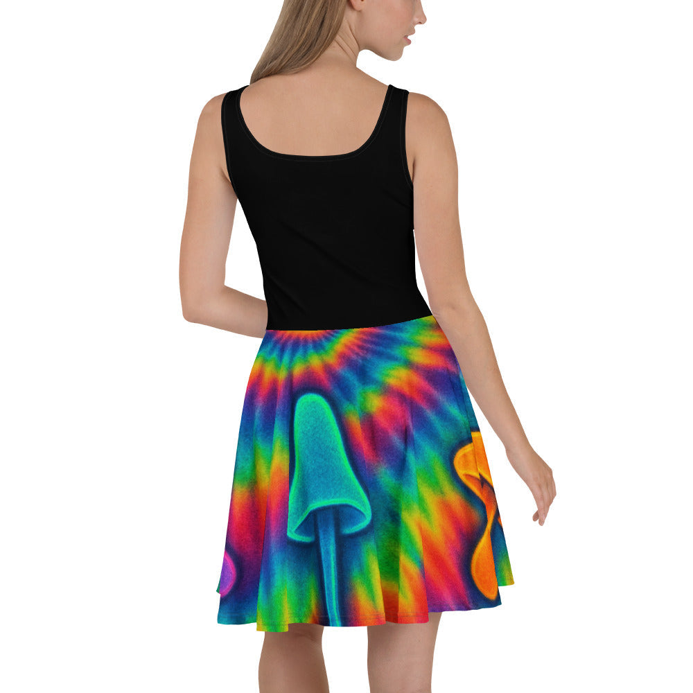 Trippy Tie-Dye Skater Dress – Neon Mushroom Festival Vibes