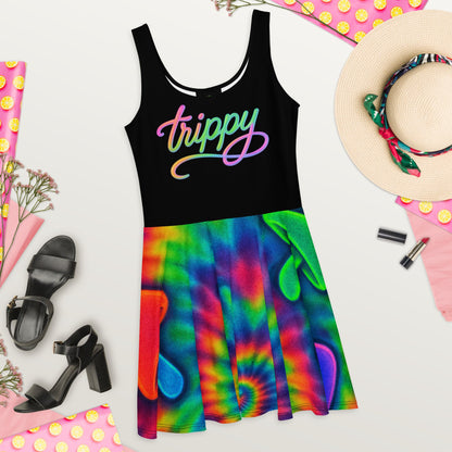 Trippy Tie-Dye Skater Dress – Neon Mushroom Festival Vibes