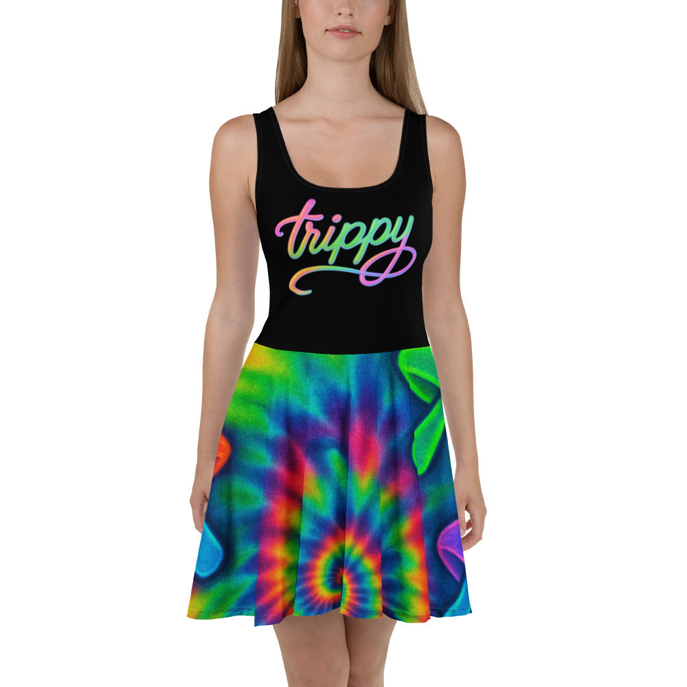 Trippy Tie-Dye Skater Dress – Neon Mushroom Festival Vibes