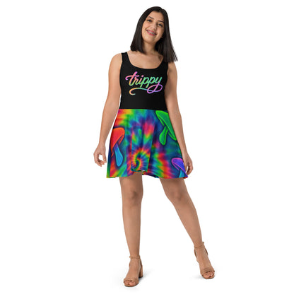 Trippy Tie-Dye Skater Dress – Neon Mushroom Festival Vibes