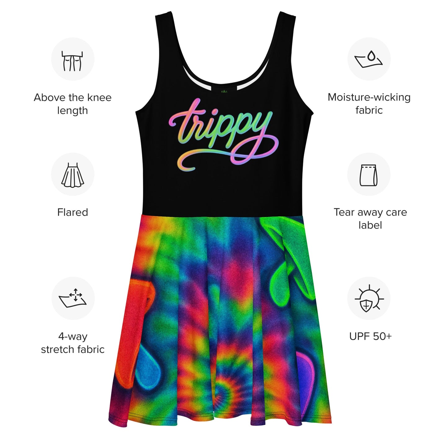Trippy Tie-Dye Skater Dress – Neon Mushroom Festival Vibes
