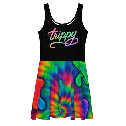 Trippy Tie-Dye Skater Dress – Neon Mushroom Festival Vibes
