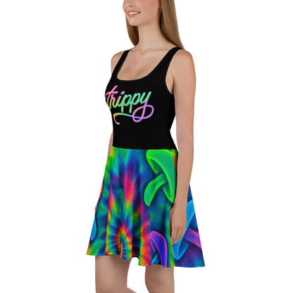 Trippy Tie-Dye Skater Dress – Neon Mushroom Festival Vibes