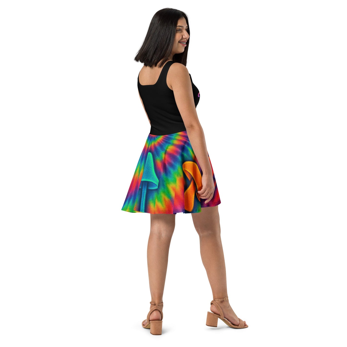 Trippy Tie-Dye Skater Dress – Neon Mushroom Festival Vibes