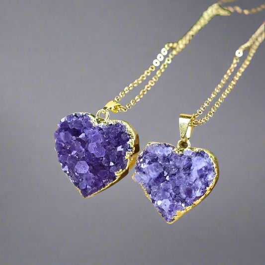 Amethyst Druzy Heart Necklace – 24K Gold Edged, 20” Chain