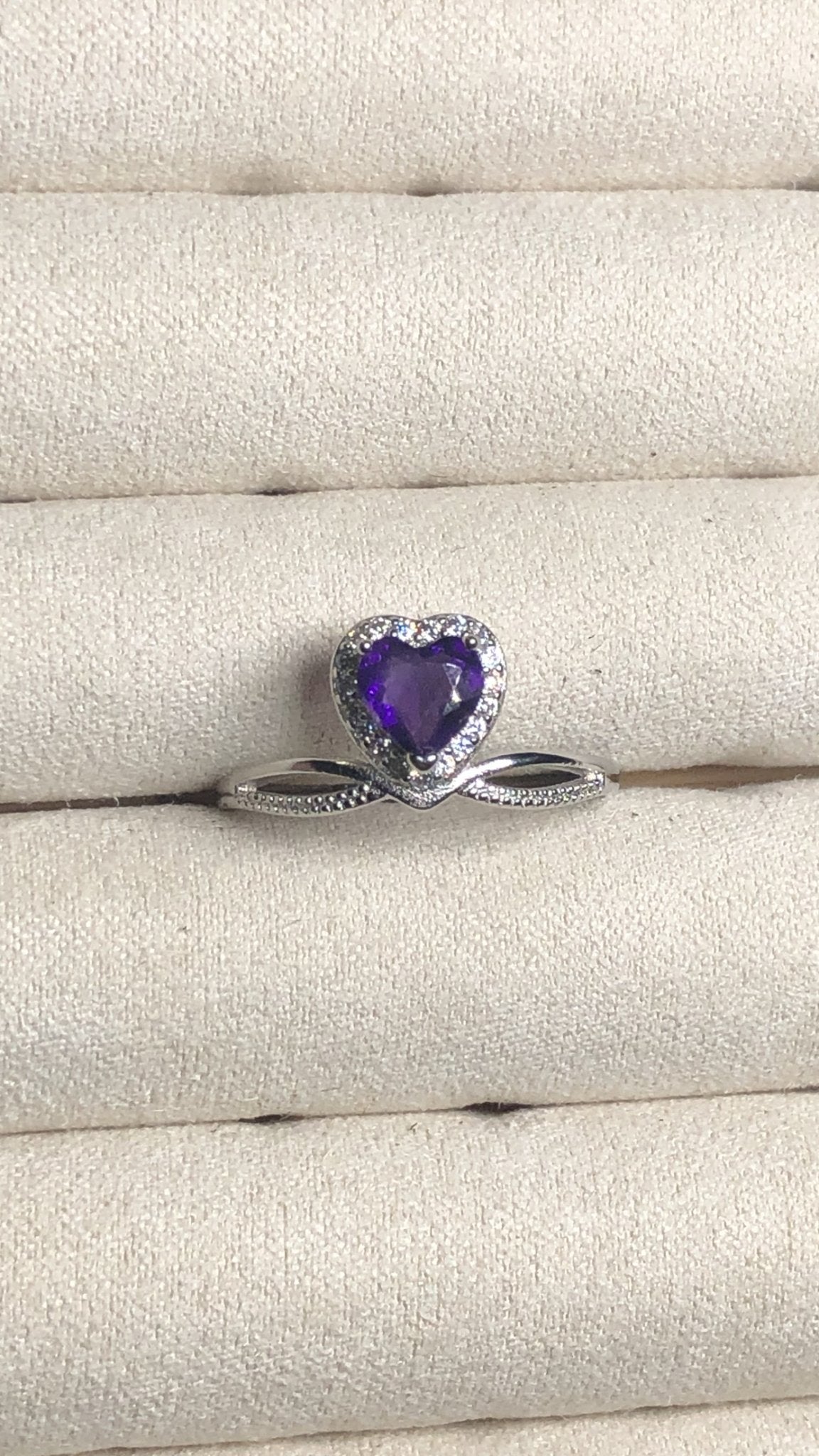 Amethyst Heart Ring – Adjustable, 925 Silver