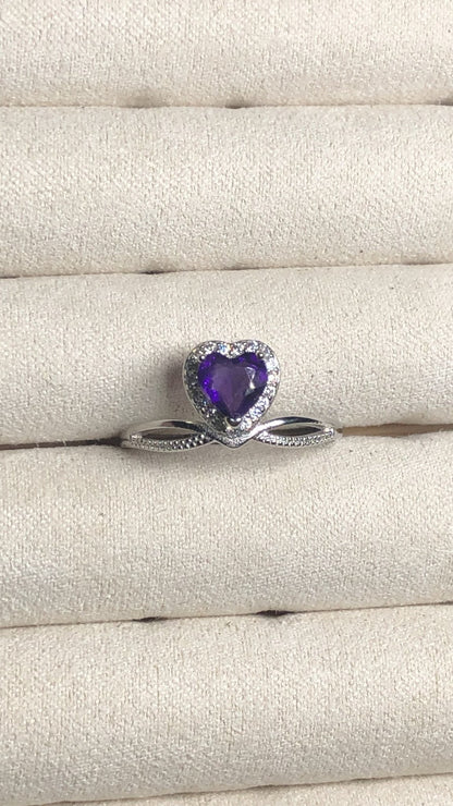Amethyst Heart Ring – Adjustable, 925 Silver