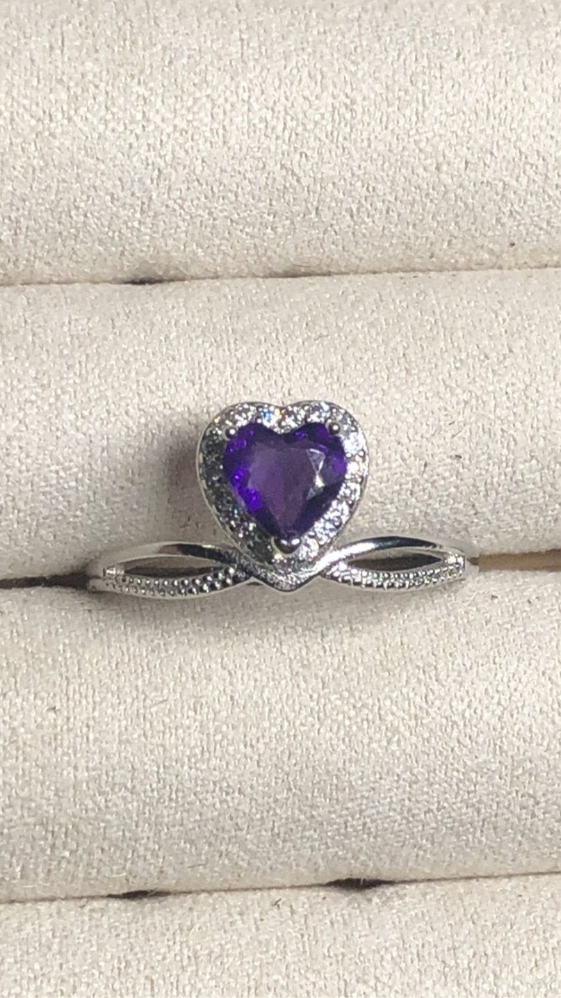 Amethyst Heart Ring – Adjustable, 925 Silver