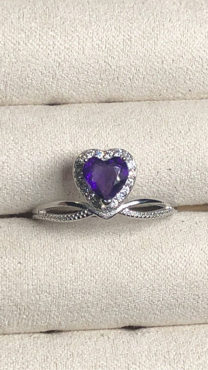 Amethyst Heart Ring – Adjustable, 925 Silver