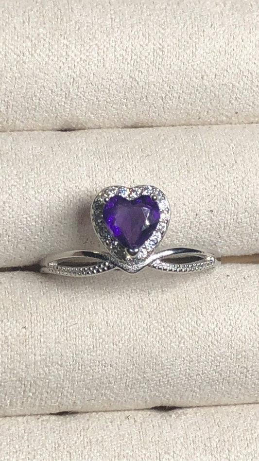 Amethyst Heart Ring – Adjustable, 925 Silver