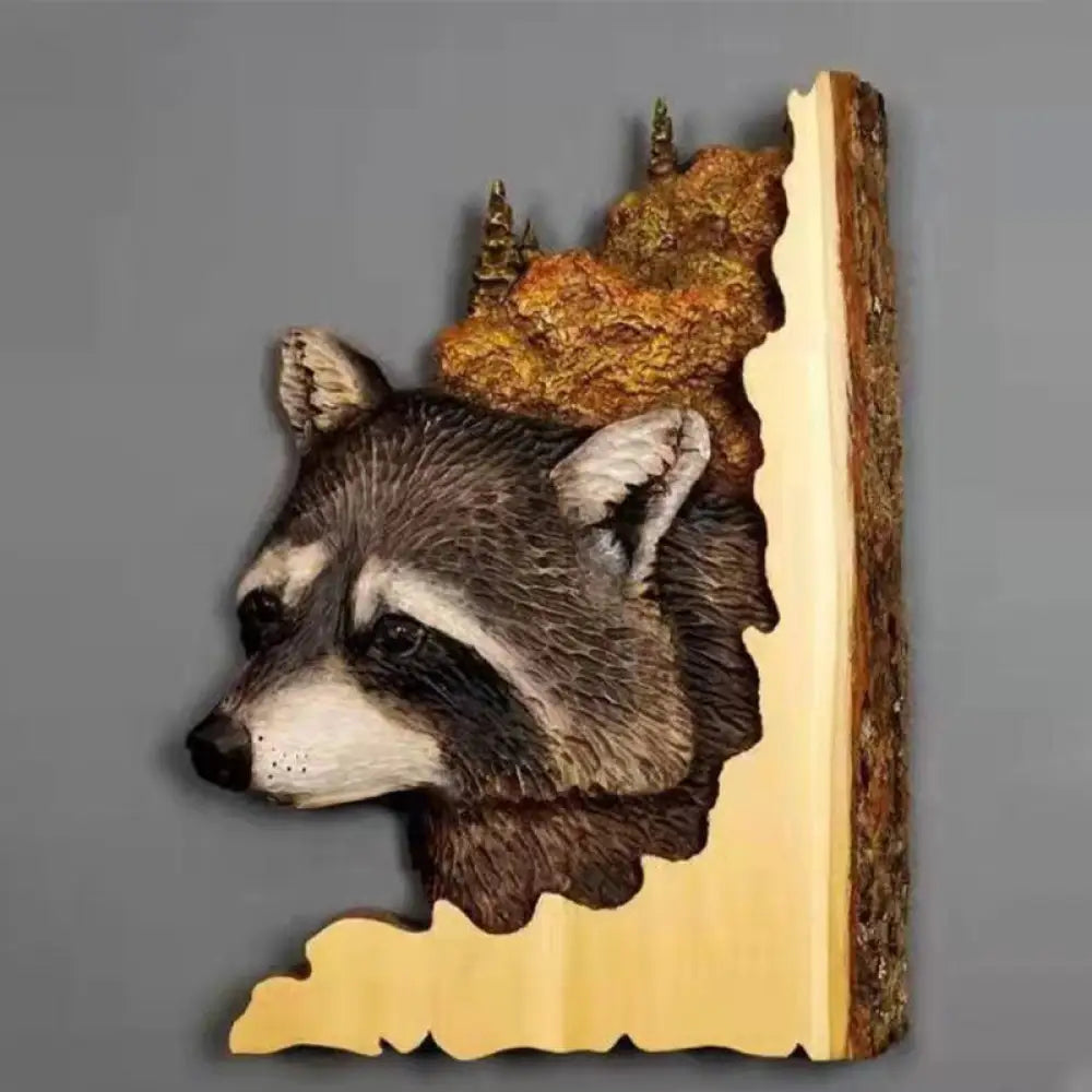 Animal Carving Handcraft Wall Hanging Wood Raccoon Bear Deer Hand-Painted