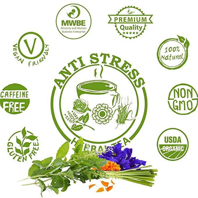 Akshit Natural Anti-Stress Tea (80 Tea Bags), Tulsi Marigold Butterfly Pea Flower Lemongrass Tea Blend , Relax Tea, Caffeine-free, Non-GMO Soothing Tea.