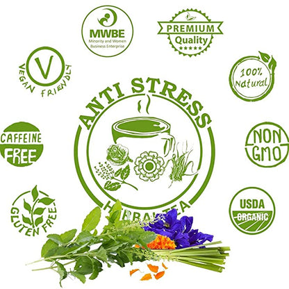 Akshit Natural Anti-Stress Tea (80 Tea Bags), Tulsi Marigold Butterfly Pea Flower Lemongrass Tea Blend , Relax Tea, Caffeine-free, Non-GMO Soothing Tea.
