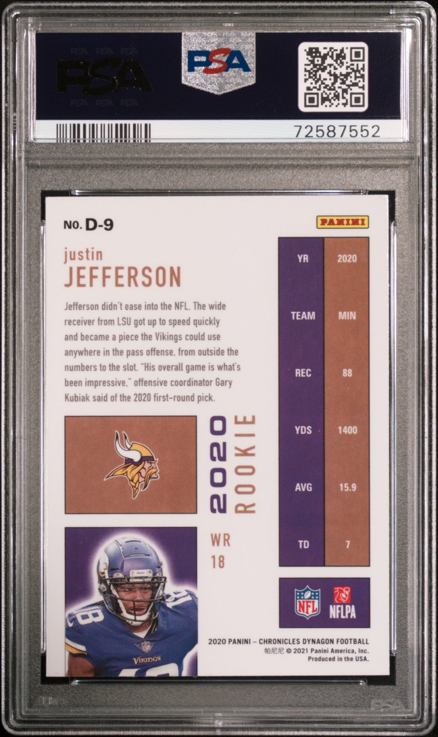 Graded 2020 Panini Chronicles Justin Jefferson #D9 Dynagon Rookies RC Football Card PSA 10 Gem Mint