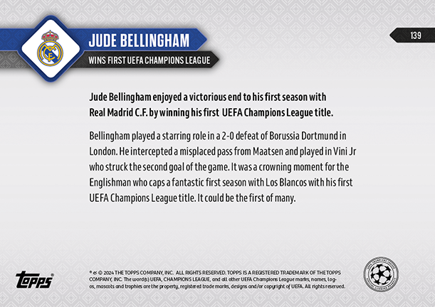 2024 Topps Now Jude Bellingham #139 Purple #/99 Soccer Card