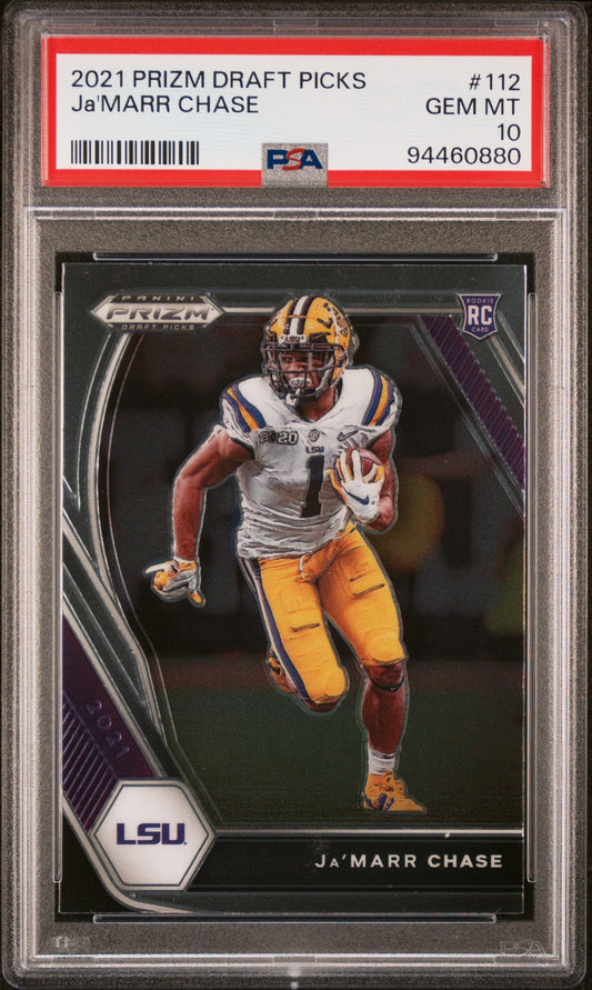 Graded 2021 Panini Prizm Draft Picks Ja'Marr Chase #112 Rookie RC Football Card PSA 10 Gem Mint