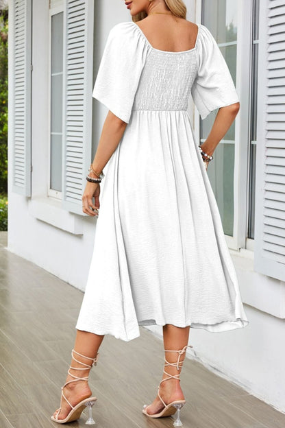 Smocked Tie Front Flutter Sleeve Midi Dress