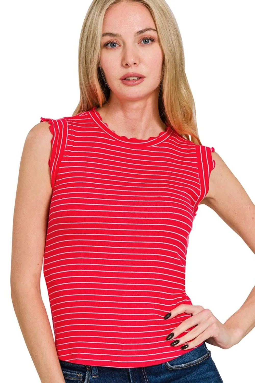 Zenana Ribbed Ruffle Trim Sleeveless Stripe Top