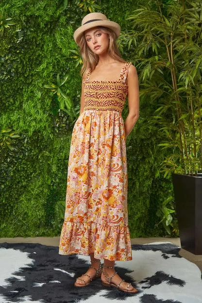 Davi & Dani Multi Smocked Bodice Geo Ruffle Strappy Midi Dress