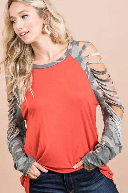BiBi Jersey Knit Top with Camouflage Laser Cut Sleeves