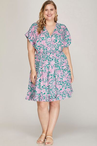 She Sky Full Size Ruffled Hem Printed Surplice Kimono Sleeve Mini Dress Plus Size