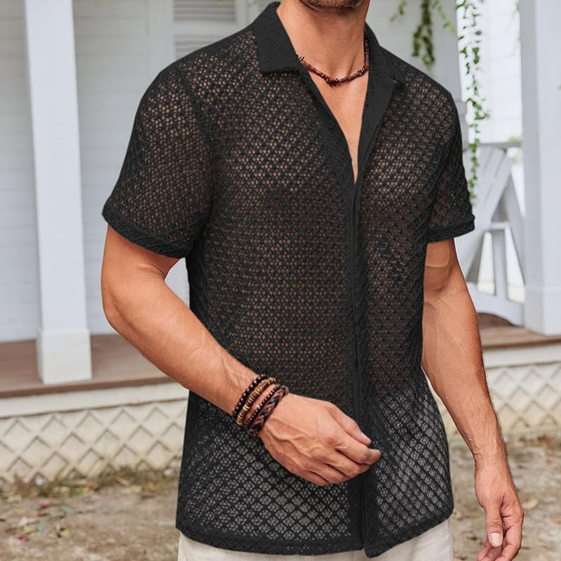 Lightweight Mesh Lapel Shirt - Cotton Blend Short Sleeve Summer Top