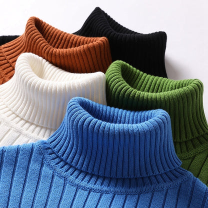 Ribbed Turtleneck Sweater - Blue Knit Slim Fit Winter Pullover