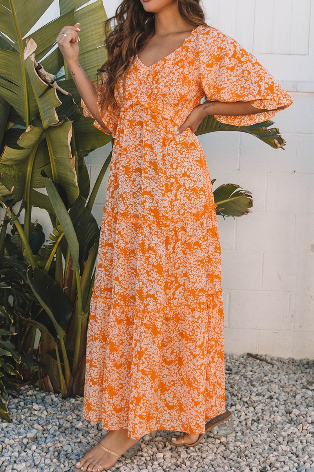 Floral Print Smocked V Neck Wide Sleeve Maxi Dress