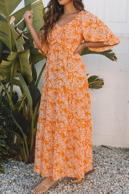 Floral Print Smocked V Neck Wide Sleeve Maxi Dress
