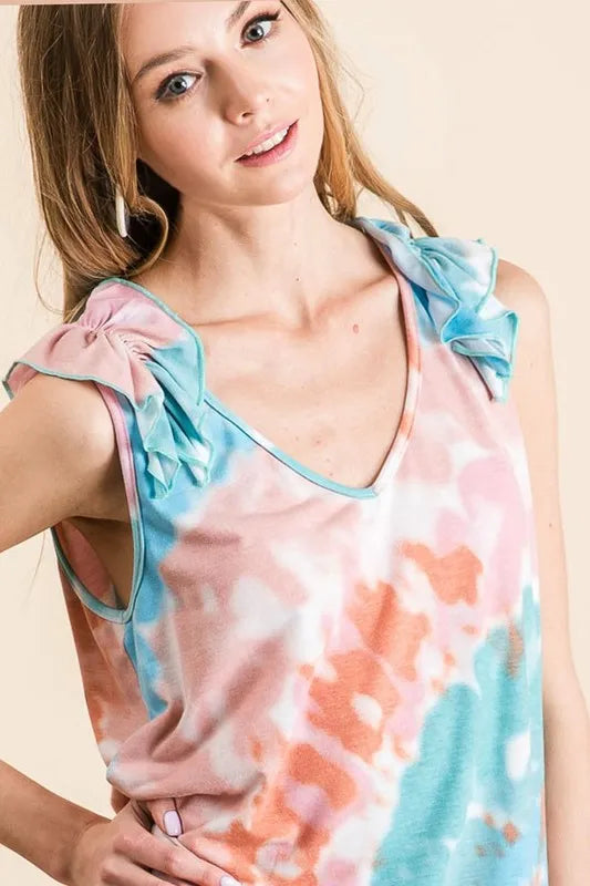 BiBi Circular Tie Dye Knit V Neck Top With Ruffle