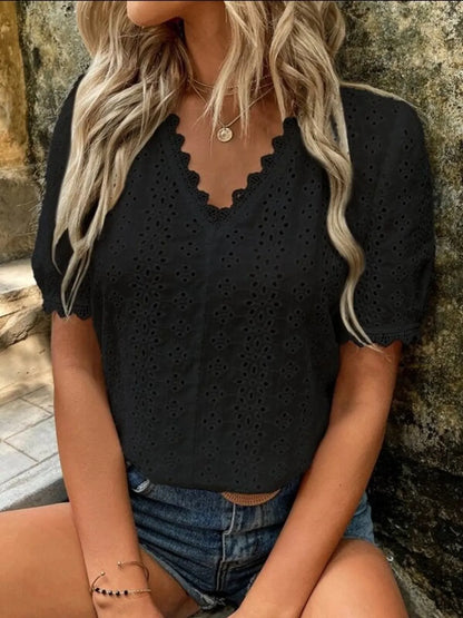 Full Size Eyelet V-Neck Short Sleeve Blouse Plus Size