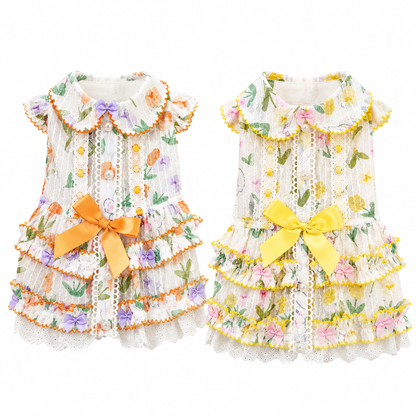 Floral Lace Dog Dress | Cottagecore Pet Princess Dress with Bow & Pearl Buttons