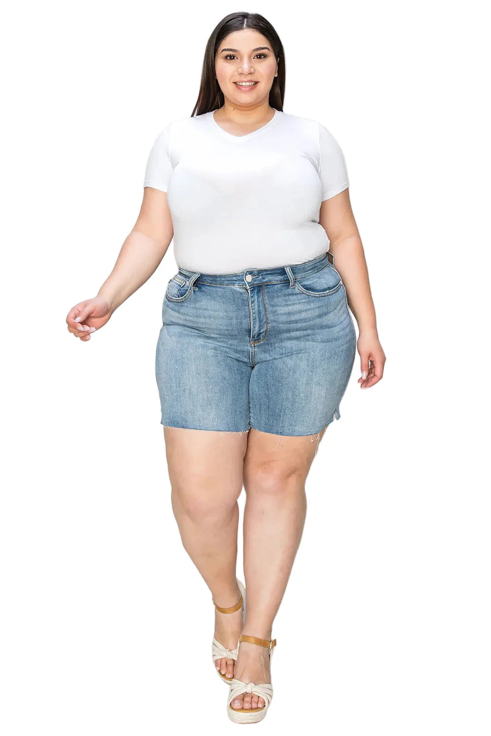 Full Size High Waist Raw Hem Denim Shorts